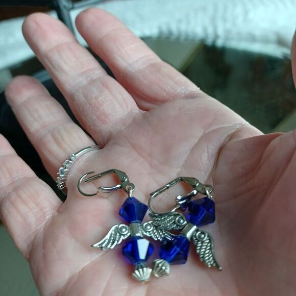 BLUE BEADED Angel Silver Dangle Earrings Handmade - Picture 3 of 5